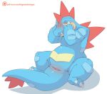  anatomically_correct animal_genitalia blue_body blush body_blush claws cloaca female feral feraligatr genital_slit genitals hand_on_head imgonnaloveyou nintendo pok&eacute;mon pok&eacute;mon_(species) pussy_blush shy simple_background slit solo spread_legs spreading video_games white_background 