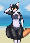  absurd_res anthro beach big_breasts blue_eyes breasts canid canine canis clothed clothing cloud female fox fox_tail gris_swimsuit hi_res humanoid hybrid mammal meme meme_clothing one-piece_swimsuit seaside skade skade_(artist) skade_the_fox solo swimwear translucent translucent_clothing translucent_swimwear wolf 