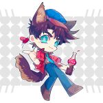  1boy absurdres animal_ears battle_tendency blue_eyes bottle_cap brown_hair cabbie_hat chibi cola dog_ears dog_tail hat highres index_finger_raised jojo_no_kimyou_na_bouken joseph_joestar joseph_joestar_(young) male_focus necktie padded_coat pickieeeee solo star-shaped_pupils star_(symbol) suspenders symbol-shaped_pupils tail 