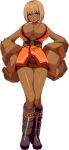 1girl artist_request bangs bare_shoulders belt blue_eyes blunt_bangs blush bob_cut boots breast_tattoo breasts brown_hair character_name cleavage dark-skinned_female dark_skin emeth_(monster_musume) eyebrows_visible_through_hair full_body golem hands_on_hips huge_breasts knee_boots large_hands monster_musume_no_iru_nichijou monster_musume_no_iru_nichijou_online official_art orange_tunic oversized_limbs short_hair skirt sleeveless smile solo tattoo transparent_background 
