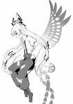  1girl bow collared_shirt deetamu eyebrows_visible_through_hair fujiwara_no_mokou full_body greyscale hair_bow hands_in_pockets highres long_hair long_sleeves monochrome pants shirt simple_background solo suspenders touhou white_background wings 