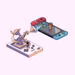  1boy 1girl brown_footwear brown_hair charizard drizzile fire game_boy gloria_(pokemon) handheld_game_console hat kam2d nintendo_switch pokemon pokemon_(creature) red_(pokemon) reflection simple_background skirt water white_background 