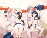  4girls :d arm_up armpits ass back bag_charm bangs bent_over black_bow black_hair black_legwear black_panties blonde_hair blue_eyes blue_scrunchie blue_skirt blunt_bangs blush bob_cut bow breasts cameltoe candy charm_(object) closed_mouth clothes_down collarbone comic_bavel covered_mouth covering_mouth diagonal-striped_bow dot_nose drawstring dress_shirt eyebrows_visible_through_hair feet_out_of_frame folded_leg food foot_out_of_frame frills from_behind hair_bow hair_ornament hair_scrunchie hair_spread_out half_updo hand_over_own_mouth highres holding holding_candy holding_food holding_lollipop indoors kneehighs kneepits light_brown_eyes light_brown_hair lingerie lollipop looking_back looking_to_the_side m&amp;m&#039;s miniskirt multiple_girls navel nipples no_shoes on_bed open_clothes open_mouth open_shirt original panties parted_lips partially_undressed partially_visible_vulva pleated_skirt product_placement purple_eyes scrunchie sekiya_asami shirt short_ponytail side_ponytail sideboob skindentation skirt small_breasts smartphone_case smile spaghetti_strap stomach strap_slip string_panties striped striped_bow swept_bangs tareme thighhighs thighs underwear undressing v white_legwear white_panties window_shade 