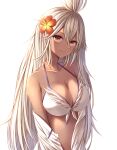  1girl bangs bare_shoulders bikini breasts brown_eyes cleavage closed_mouth commentary_request dark-skinned_female dark_skin eyebrows_visible_through_hair flower gradient gradient_background granblue_fantasy hair_between_eyes hair_flower hair_ornament hibiscus kanpyou_(hghgkenfany) large_breasts long_hair looking_at_viewer off_shoulder open_clothes orange_flower silver_hair smile solo swimsuit topknot upper_body very_long_hair white_background white_bikini zooey_(granblue_fantasy) 