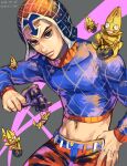  animal_print argyle argyle_sweater crop_top dyresbroom groin guido_mista gun hat holding holding_gun holding_weapon jojo_no_kimyou_na_bouken midriff revolver sex_pistols_(stand) stand_(jojo) sweater tiger_print vento_aureo weapon 