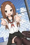  1girl :d ai_cao bangs black_sailor_collar black_skirt blue_sky blush brown_eyes brown_hair brown_legwear building chain-link_fence cloud cloudy_sky commentary_request day feet_out_of_frame fence forehead highres karakai_jouzu_no_takagi-san long_sleeves looking_at_viewer neckerchief outdoors outstretched_arms parted_bangs pleated_skirt red_neckerchief sailor_collar school_briefcase school_uniform serafuku shirt sitting skirt sky skyscraper smile solo takagi-san teeth thighhighs upper_teeth white_shirt 