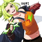  1girl bandaid bandaid_on_face bangs bare_shoulders blonde_hair breasts character_name cleavage closed_mouth collarbone commentary_request electricity fingerless_gloves gloves highres hiyari_(hiyarilol) index_finger_raised jacket large_breasts league_of_legends looking_at_viewer navel off-shoulder_shirt off_shoulder open_clothes open_jacket parted_bangs shiny shiny_hair shirt solo stomach teeth twintails zeri_(league_of_legends) 