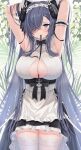  1girl absurdres animal_ears apron armpits arms_behind_head arms_up august_von_parseval_(azur_lane) august_von_parseval_(the_conquered_unhulde)_(azur_lane) azur_lane black_ribbon blush breasts center_opening closed_mouth commentary dot_nose fake_animal_ears hair_over_one_eye highres horns large_breasts long_hair looking_at_viewer mouth_hold official_alternate_costume petticoat plant purple_eyes raised_eyebrow ribbon ruwo sleeveless solo thighhighs thighs vines waist_apron white_apron white_legwear 