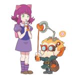  1boy 1girl animal_ears annie_(league_of_legends) backpack bag basket beard belt blush_stickers brown_belt brown_footwear cat_ears cup dress drinking drinking_straw facial_hair food fruit full_body glass goggles green_eyes green_footwear green_jacket heimerdinger highres hiyari_(hiyarilol) holding holding_basket holding_cup jacket kneehighs league_of_legends orange_(fruit) orange_juice pink_hair pink_legwear puffy_short_sleeves puffy_sleeves short_sleeves standing yordle 