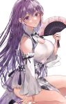  ass breasts dress fate/stay_night fate_(series) hand_fan highres matou_sakura purple_eyes purple_hair ribbon shimatori_(sanyyyy) shiny shiny_hair white_dress 