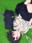  1girl absurdres bag black_hair blush bottle cellphone grass grasslands highres holding looking_at_viewer lying ogipote on_back original phone pink_eyes school_bag school_uniform short_hair smartphone solo upside-down water_bottle 