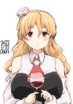  1girl ascot blonde_hair bodice braid breasts brown_eyes commentary_request cup drinking_glass french_braid hat highres kantai_collection large_breasts long_hair mini_hat one-hour_drawing_challenge owa_(ishtail) red_ascot shirt solo tilted_headwear upper_body wavy_hair white_shirt wind wine_glass zara_(kancolle) 