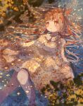  1girl blush bow brown_hair dress feerie flower hair_bow highres in_water long_hair looking_away looking_to_the_side orange_eyes original osmanthus pale_skin smile solo water 