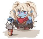  1girl bangs belt black_belt blonde_hair blue_skin chopsticks colored_skin cup_ramen eyebrows_visible_through_hair hands_up highres hiyari_(hiyarilol) league_of_legends long_sleeves mouth_hold pointy_ears poppy_(league_of_legends) red_scarf scarf solo twintails water_boiler yordle 