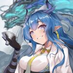  1girl animal arknights bangs black_gloves blue_eyes blue_hair blurry blurry_background braid breasts chinese_commentary commentary_request depth_of_field dragon elbow_gloves eyebrows_visible_through_hair gloves hair_between_eyes hand_up highres holding horns jacket ling_(arknights) long_hair looking_at_viewer medium_breasts neckerchief open_clothes open_jacket parted_lips pointy_ears shirt sktre12 smile solo upper_body white_jacket white_shirt yellow_neckerchief 