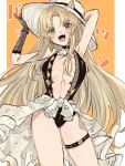  1girl :d an_fyhx animal_ears arknights armpits arms_up ass_visible_through_thighs bangs black_gloves black_swimsuit blonde_hair blush breasts breasts_apart casual_one-piece_swimsuit center_opening clothes_around_waist contrapposto cowboy_shot ears_through_headwear elbow_gloves eyebrows_visible_through_hair fangs gloves green_eyes hands_on_headwear hat highres jewelry long_hair looking_at_viewer medium_breasts necklace one-piece_swimsuit open_mouth orange_background parted_bangs simple_background single_glove skindentation smile solo sun_hat swimsuit swire_(arknights) symbol-only_commentary thigh_strap tiger_ears v-shaped_eyebrows very_long_hair wardrobe_malfunction white_headwear 