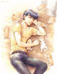  1boy barefoot diamond_wa_kudakenai dog dyresbroom higashikata_josuke jojo_no_kimyou_na_bouken lying no_jacket on_side pompadour puppy shirt sleeping solo_focus too_many_dogs yellow_shirt 