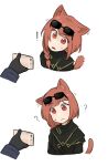  ! :| ? animal_ear_fluff animal_ears arknights ash_(rainbow_six_siege) ash_(ranger)_(rainbow_six_siege) black_gloves black_jacket braid cat_ears cat_tail cellphone closed_mouth commentary cropped_arms cropped_shoulders english_commentary eyewear_on_head gloves head_tilt highres holding holding_phone jacket long_hair nvi2762 parted_lips phone rainbow_six_siege raised_eyebrow red_hair side_braid simple_background smartphone sunglasses sweatdrop tail triangle_mouth white_background 