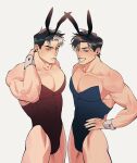  2boys animal_ears arm_behind_head bara batman_(series) black_hair black_leotard blue_eyes blue_leotard brothers chengzhineixihuanxiaogou closed_mouth covered_abs dc_comics dick_grayson fake_animal_ears hand_on_hip highres jason_todd large_pectorals leotard looking_at_viewer male_focus male_playboy_bunny multicolored_hair multiple_boys muscular muscular_male pectorals playboy_bunny rabbit_ears short_hair siblings sideburns smile strapless strapless_leotard teeth two-tone_hair white_hair wrist_cuffs 