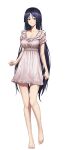  1girl bangs barefoot blush breasts cleavage closed_mouth collarbone dress fate/empire_of_dirt fate_(series) full_body game_cg highres ikemeru19 large_breasts long_hair minamoto_no_raikou_(fate) nightgown parted_bangs purple_hair shiny shiny_hair short_dress short_sleeves smile solo standing straight_hair tachi-e transparent_background very_long_hair white_dress 