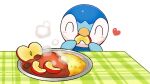  ^_^ apple_slice blush closed_eyes commentary_request curry eating food hands_up heart mouth_hold no_humans official_art piplup plate pokemon pokemon_(creature) project_pochama rice solo table white_background 