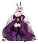  1girl absurdly_long_hair absurdres asymmetrical_legwear bangs bare_shoulders black_legwear black_nails black_sclera blue_eyes breasts cleavage colored_sclera commission crossed_arms demon extra_arms extra_pupils full_body hands_on_hips heterochromia highres horns large_breasts long_hair monster_girl multicolored_hair original purple_eyes purple_hair purple_legwear red_eyes sandals skin-covered_horns solo standing streaked_hair striped striped_legwear tentacles thighhighs todding vertical-striped_legwear vertical_stripes very_long_hair white_background white_hair 