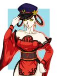 1girl absurdres dress earrings ememtrp hat highres impossible_hair jewelry long_sleeves md5_mismatch nuwa_(smtv) pale_skin police_hat red_dress red_lips red_nails resolution_mismatch shin_megami_tensei shin_megami_tensei_v simple_background source_smaller yellow_eyes 