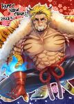  1boy abs absurdres animal_ears bara blonde_hair body_hair facial_hair gachimuchi highres kageru_(mofnyan) large_pectorals looking_at_viewer manboobs mature_male muscular muscular_male old old_man original pectoral_cleavage pectorals tiger_stripes 