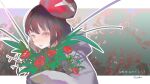  1girl artist_name brown_hair flower highres holding holding_flower leaf open_mouth original pink_eyes red_flower red_rose rose short_hair smile solo translation_request tsuioku_(908026270) upper_body white_background 