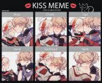  2boys blush character_request commentary couple english_commentary genshin_impact hand_grab highres kiss kissing_cheek kissing_forehead kissing_hand kissing_neck kissing_nose kuro_lee looking_at_another male_focus meme multiple_boys solo_focus yaoi 