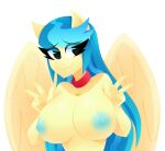  absurd_res anthro anthrofied areola auntie_lofty_(mlp) big_breasts blue_areola blue_hair blue_nipples breasts collar collar_tag equid equine friendship_is_magic gesture hair hasbro hi_res mammal my_little_pony nipples pac_man_eyes pegasus red_collar simple_background solo v_sign white_background wings xan-gelx 