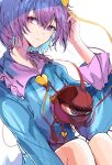  1girl blouse blue_blouse closed_mouth collared_blouse commentary eyebrows_visible_through_hair frilled_shirt_collar frills hair_between_eyes hand_in_hair heart highres komeiji_satori krs_(kqrqsi) long_sleeves looking_at_viewer purple_eyes purple_hair short_hair simple_background solo third_eye touhou white_background 
