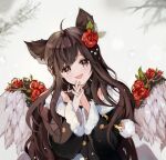  1girl absurdres ahoge angel angel_wings animal_ears blue_eyes blush braid brown_eyes commission dress extra_ears feathered_wings flower hair_flower hair_ornament highres interlocked_fingers long_hair long_sleeves looking_at_viewer mabinogi open_mouth smile solo sora_zz6 white_wings wings 