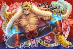  1boy abs absurdres animal_ears bara blonde_hair facial_hair gachimuchi highres kageru_(mofnyan) large_pectorals looking_at_viewer manboobs mature_male muscular muscular_male new_year old old_man original pectoral_cleavage pectorals tiger_stripes 