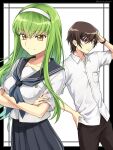  1boy 1girl bangs black_border black_pants border breast_press breasts brown_eyes brown_hair c.c. closed_mouth code_geass collarbone collared_shirt dress_shirt eyebrows_visible_through_hair floating_hair frown green_hair grey_neckerchief grey_sailor_collar grey_skirt hair_between_eyes hand_on_head highres lelouch_lamperouge long_hair medium_breasts neckerchief ore_no_imouto_ga_konna_ni_kawaii_wake_ga_nai outside_border pants pleated_skirt purple_eyes sailor_collar sailor_shirt school_uniform serafuku setu_kurokawa shiny shiny_hair shirt short_hair short_sleeves skirt smile sweatdrop very_long_hair watch white_shirt wing_collar wristwatch 