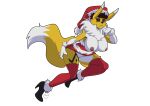  anthro bandai_namco breasts brown_hair christmas christmas_clothing clothing digimon digimon_(species) female fluffy fluffy_tail fur hair holidays multicolored_body multicolored_fur nipples purple_eyes renamon solo two_tone_body two_tone_fur white_body white_fur yawg yellow_body yellow_fur 