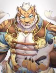  abs animal_ears bara blue_eyes claws furry furry_male highres large_pectorals lin_hu_(nekojishi) looking_at_viewer male_focus muscular muscular_male nekojishi orange_fur pectorals ponzu_tas tiger_boy tiger_ears tiger_stripes 