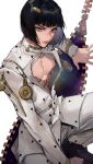  1boy bangs black_hair blunt_bangs bob_cut bruno_buccellati diffraction_spikes film_grain hair_ornament hairclip highres jojo_no_kimyou_na_bouken knee_up korean_commentary lace looking_at_viewer male_focus nipple_slip nipples pectorals serious short_hair simple_background solo vento_aureo white_background yongsa_(sword_master) zipper zipper_pull_tab 