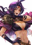  1girl arm_up armor bangs belt blue_eyes bra breasts cape circlet cleavage gloves hand_up highres large_breasts laughing looking_at_viewer magion02 naga_the_serpent navel open_mouth parted_bangs purple_hair skull skull_necklace slayers solo spiked_armor spikes underwear upper_body 