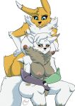  anthro anthro_on_anthro bandai_namco blue_eyes blush breasts claws digimon digimon_(species) duo female female/female fluffy fluffy_tail fur grey_body grey_fur hi_res multicolored_body multicolored_fur nipples open_mouth open_smile renamon smile teeth two_tone_body two_tone_fur white_body white_fur yawg yellow_body yellow_eyes yellow_fur 