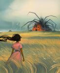  1girl artist_name brown_hair building cloud commentary dark-skinned_female dark_skin day dress english_commentary floating_hair from_behind geneva_bowers grass hairlocs highres house long_hair monster original outdoors pink_dress scenery solo standing tall_grass watermark wind 