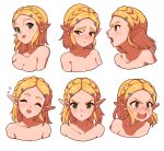  1girl :d :o ^_^ absurdres angry annoyed babusgames blonde_hair blush braid breasts closed_eyes collarbone embarrassed expressions flying_sweatdrops french_braid green_eyes hair_ornament happy highres light_blush medium_hair multiple_views nose_blush pointy_ears princess_zelda sad simple_background smile sweatdrop the_legend_of_zelda the_legend_of_zelda:_breath_of_the_wild the_legend_of_zelda:_breath_of_the_wild_2 white_background 