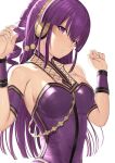  1girl bangs bare_shoulders blush breasts chain character_request cleavage collarbone copyright_request dress drill_hair hakaba_(dairiseki) headphones highres large_breasts long_hair looking_at_viewer open_mouth purple_dress purple_eyes purple_hair solo wrist_cuffs 