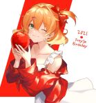  1girl 2021 ;3 apple blonde_hair bow brown_hair character_name closed_mouth collar collarbone dress food freyja_wion fruit green_eyes hair_bow hair_ornament heart heart_hair_ornament hnhr_69 holding holding_food holding_fruit jacket long_hair long_sleeves macross macross_delta multicolored_hair off_shoulder one_eye_closed one_side_up open_clothes open_jacket red_background red_bow red_jacket shiny shiny_hair sleeveless sleeveless_dress smile solo sundress two-tone_background two-tone_hair white_background white_dress 
