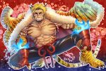  1boy abs absurdres animal_ears bara beard blonde_hair facial_hair gachimuchi highres kageru_(mofnyan) large_pectorals looking_at_viewer manboobs mature_male muscular muscular_male old old_man original pectoral_cleavage pectorals tiger_stripes 