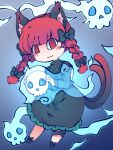  :3 animal_ear_fluff animal_ears black_bow blue_background blue_fire blush bow braid cat_ears cat_tail dress facial_mark fire flaming_skull floating_skull footwear_bow fried_rice0614 ghost green_dress highres hitodama holding holding_skull juliet_sleeves kaenbyou_rin leg_ribbon long_sleeves multiple_tails one-hour_drawing_challenge puffy_sleeves red_eyes red_hair ribbon skull slit_pupils tail touhou twin_braids two_tails whisker_markings whiskers 