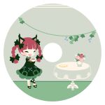  1girl animal_ears bangs blunt_bangs blush braid cat_ears cat_girl dress eyebrows_visible_through_hair facing_away green_dress kaenbyou_rin long_hair open_mouth red_hair shinonoko smile solo table touhou twin_braids 