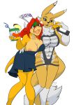  2018 anthro anthro_on_anthro bandai_namco blue_eyes brown_eyes claws clothed clothing digimon digimon_(species) duo female female/female fluffy fluffy_tail fur hair hi_res holding_object horn interspecies koopa mario_bros multicolored_body multicolored_fur nintendo nipples open_mouth open_smile partially_clothed red_hair renamon scalie smile two_tone_body two_tone_fur video_games white_body white_fur yawg yellow_body yellow_fur 