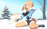  1girl animal_ears artist_name black_bra black_gloves black_shorts blue_footwear blue_jacket bonnie_(bunny_gif) bra breasts bunny cleavage fur_trim gloves highres indie_virtual_youtuber jacket large_breasts open_hands orange_legwear rabbit_ears rabbit_girl shoes short_shorts shorts skindentation smile sneakers snow solo thighhighs tree underwear virtual_youtuber xmegantronx 