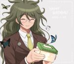  1boy 8takenokonosato8 bangs brown_jacket bug butterfly closed_eyes closed_mouth collared_shirt danganronpa_(series) danganronpa_v3:_killing_harmony dated eyebrows_visible_through_hair glasses gokuhara_gonta green_hair happy_birthday holding insect_cage jacket long_hair long_sleeves male_focus messy_hair necktie orange_necktie round_eyewear shirt smile white_shirt 